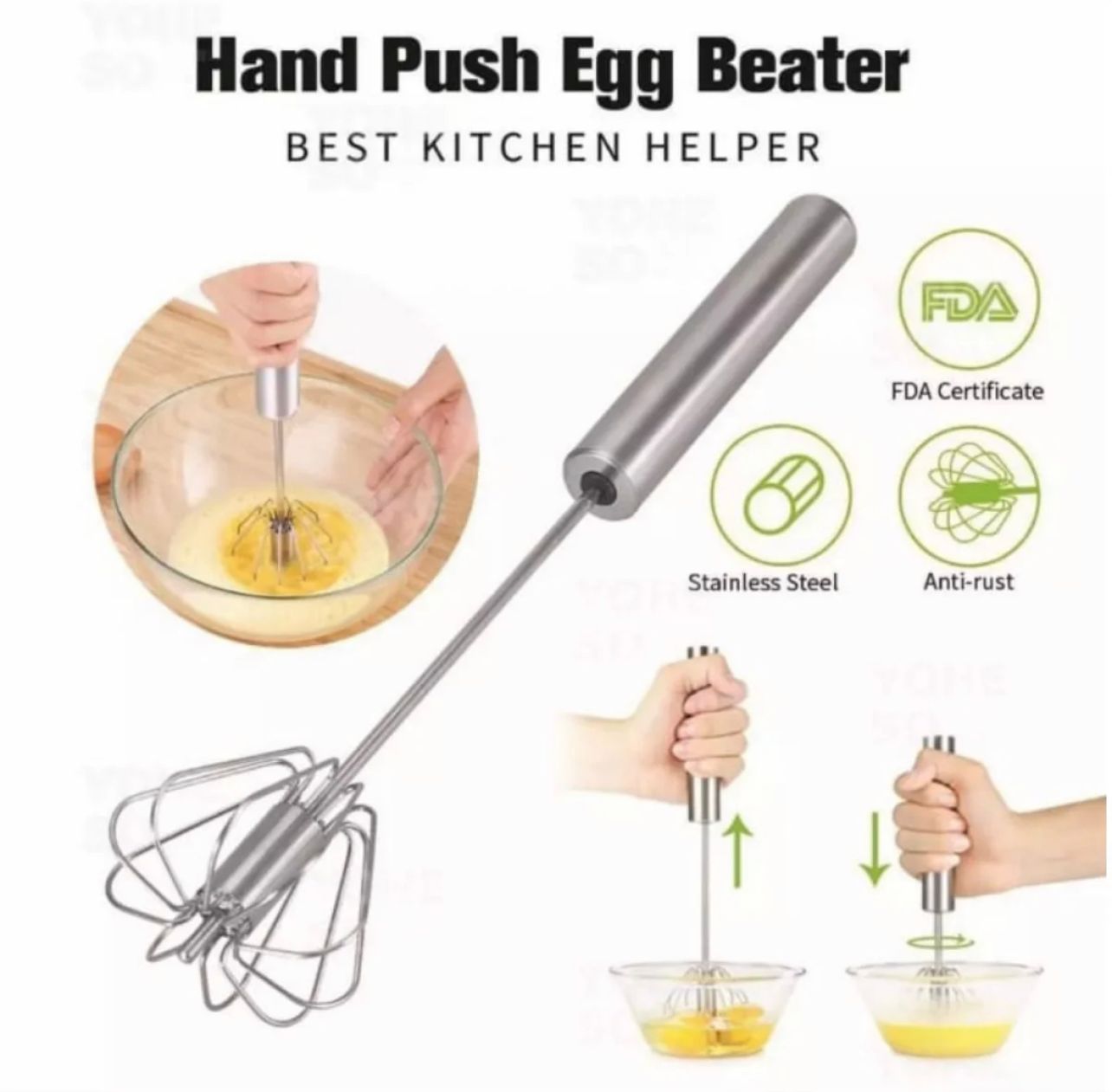 Kitchen Tool Stainless Steel Whisk Stirrer Mixing Mixer Egg Beater Rotate Hand Push Whisk Stirring Tool