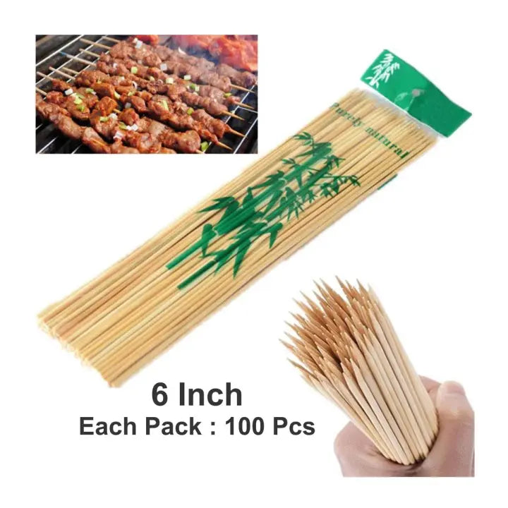 Pack of 1 Wooden BBQ Bamboo Shashlik Kabak Skewer Sticks - 6 Inch Each Pack: 100 Pcs